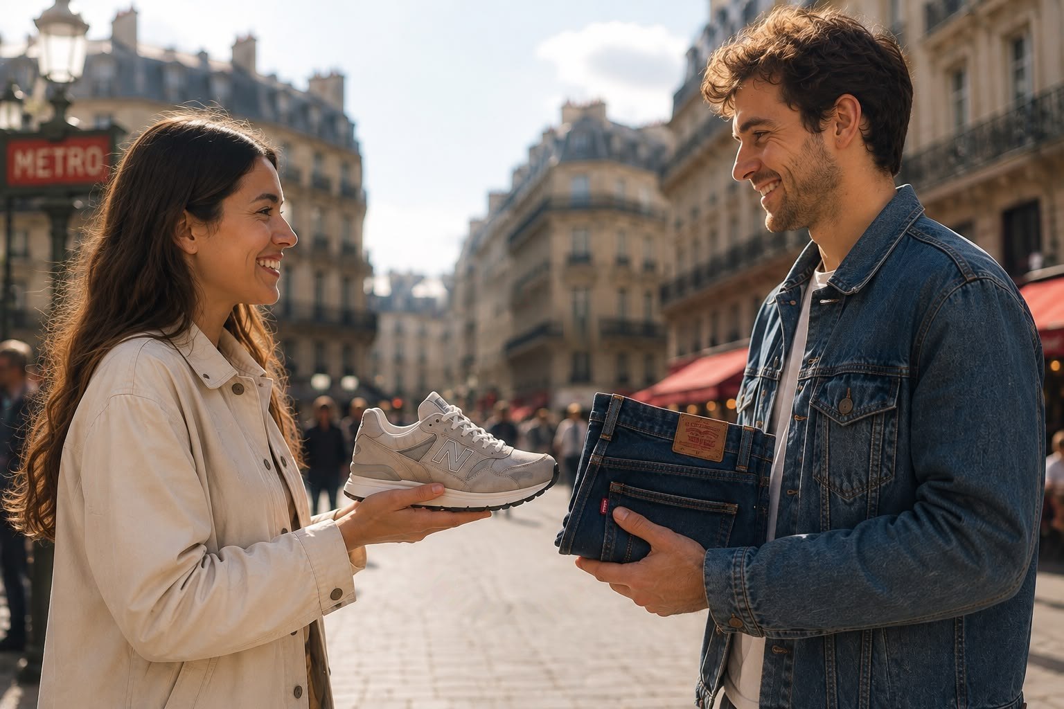 Une femme tend une paire de baskets à un homme qui lui tend un jean, dans une rue parisienne.