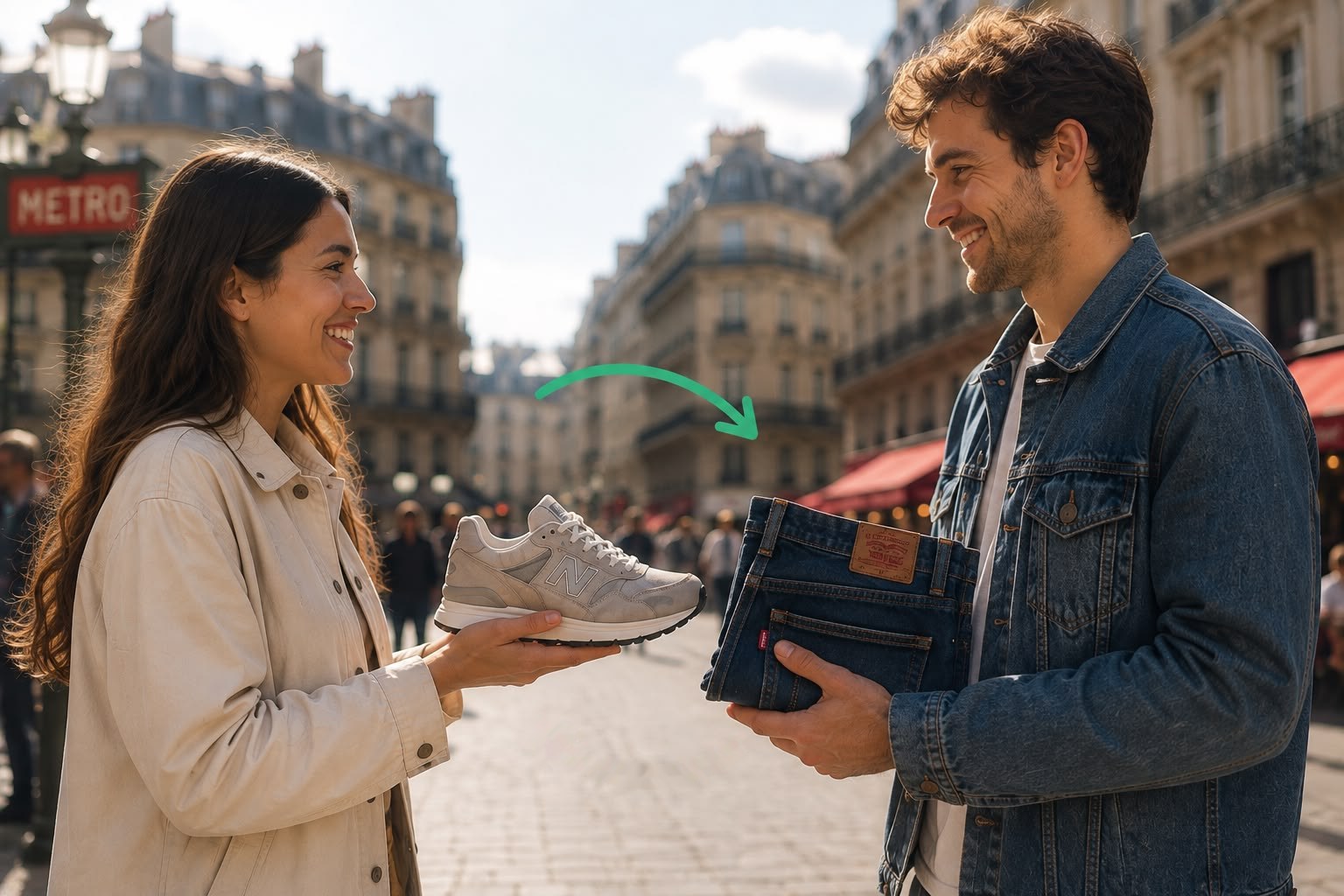 Une femme tend une paire de baskets à un homme qui lui tend un jean, dans une rue parisienne.